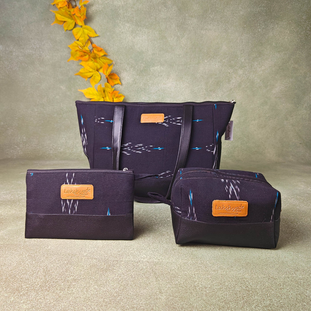 Hindustani Tote Combo Black Ikat Horizontal Prints