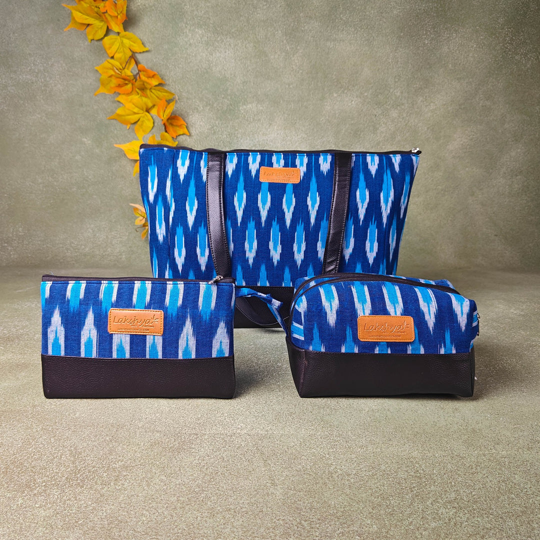 Hindustani Tote Combo Indigo Ikat Vertical Prints