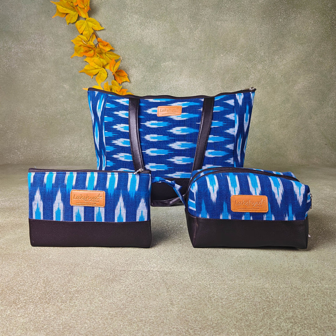 Hindustani Tote Combo Indigo Ikat Horizontal Prints