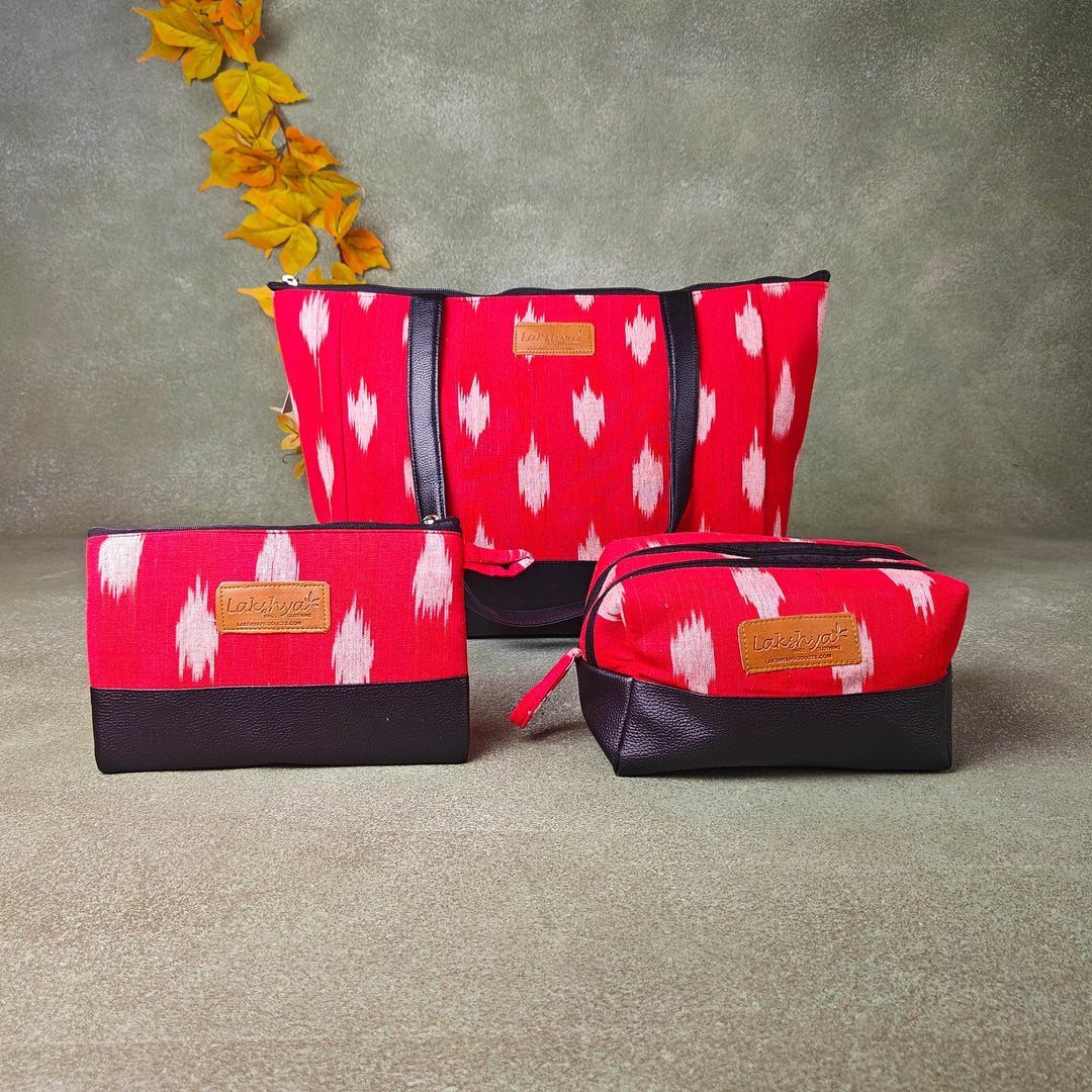 Hindustani Tote Combo Red with White Big Polka Dot Vertical Prints