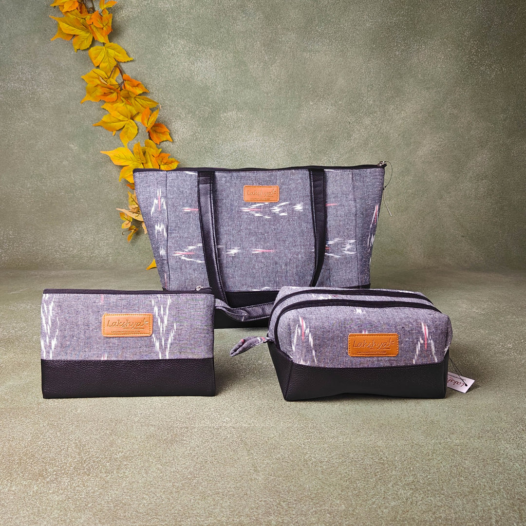 Hindustani Tote Combo Grey Ikat Horizontal Prints