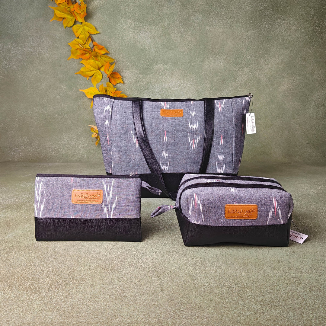 Hindustani Tote Combo Grey Ikat Vertical Prints