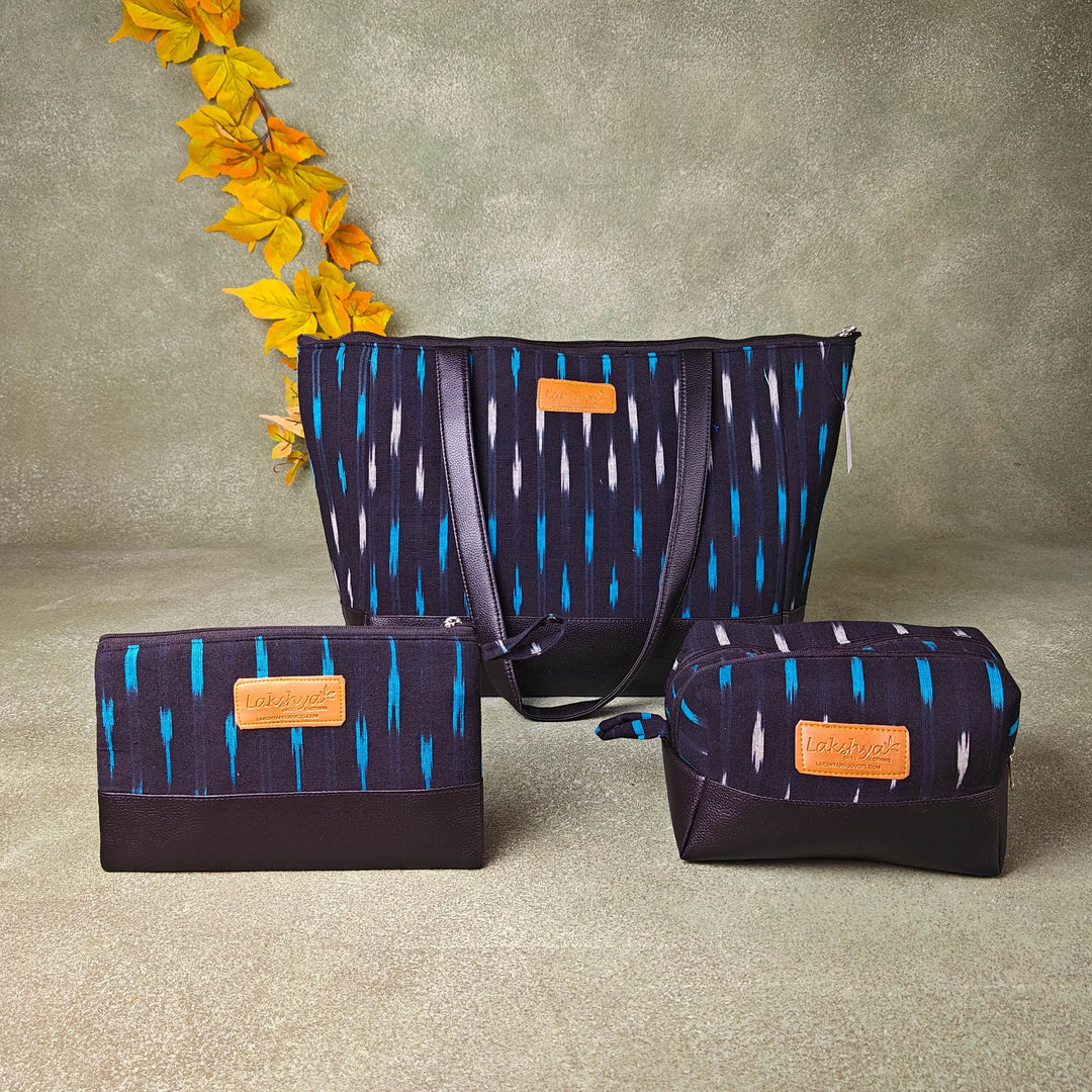 Hindustani Tote Combo Blue with White Ditsy Vertical Prints