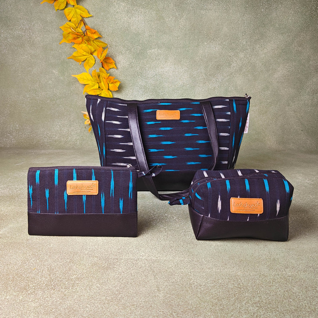 Hindustani Tote Combo Blue with White Ditsy Horizontal Prints