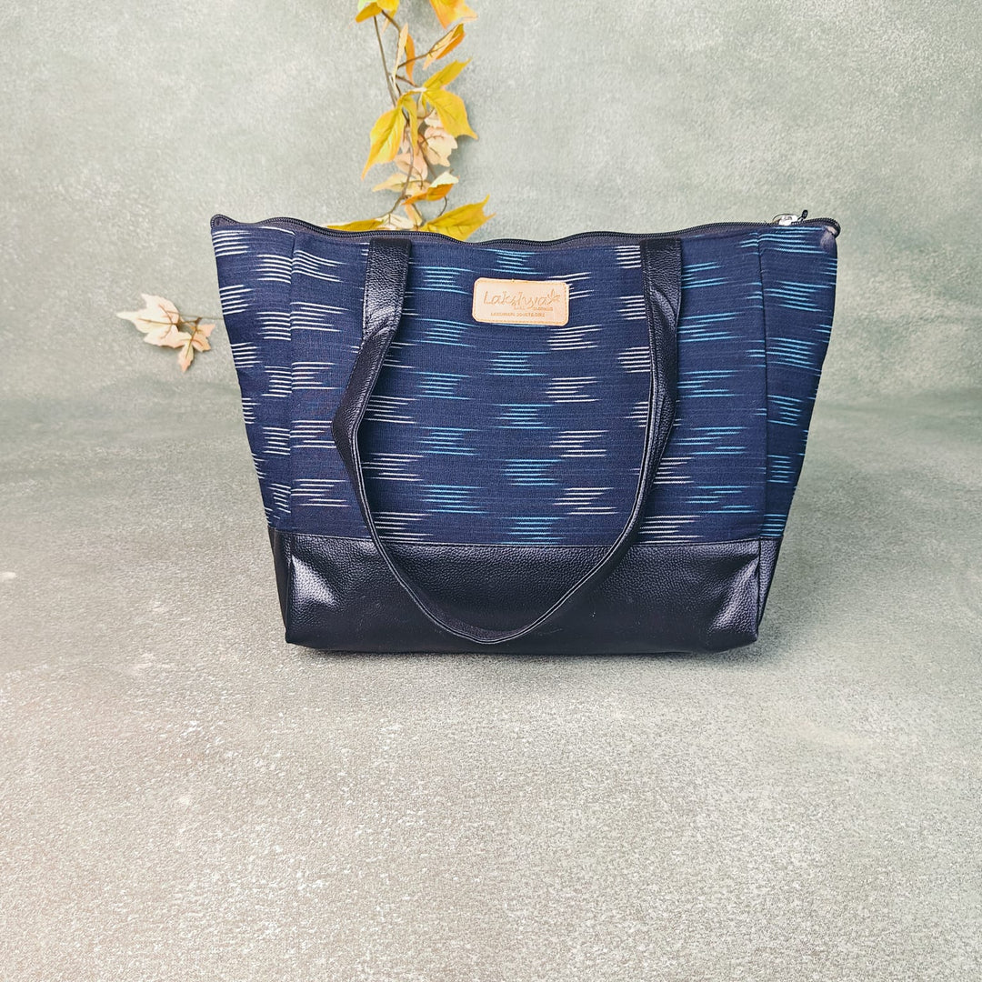 Sarus Crane Series Jumbo Tote Black with White and Blue Horizontal Polka Dot Prints Design