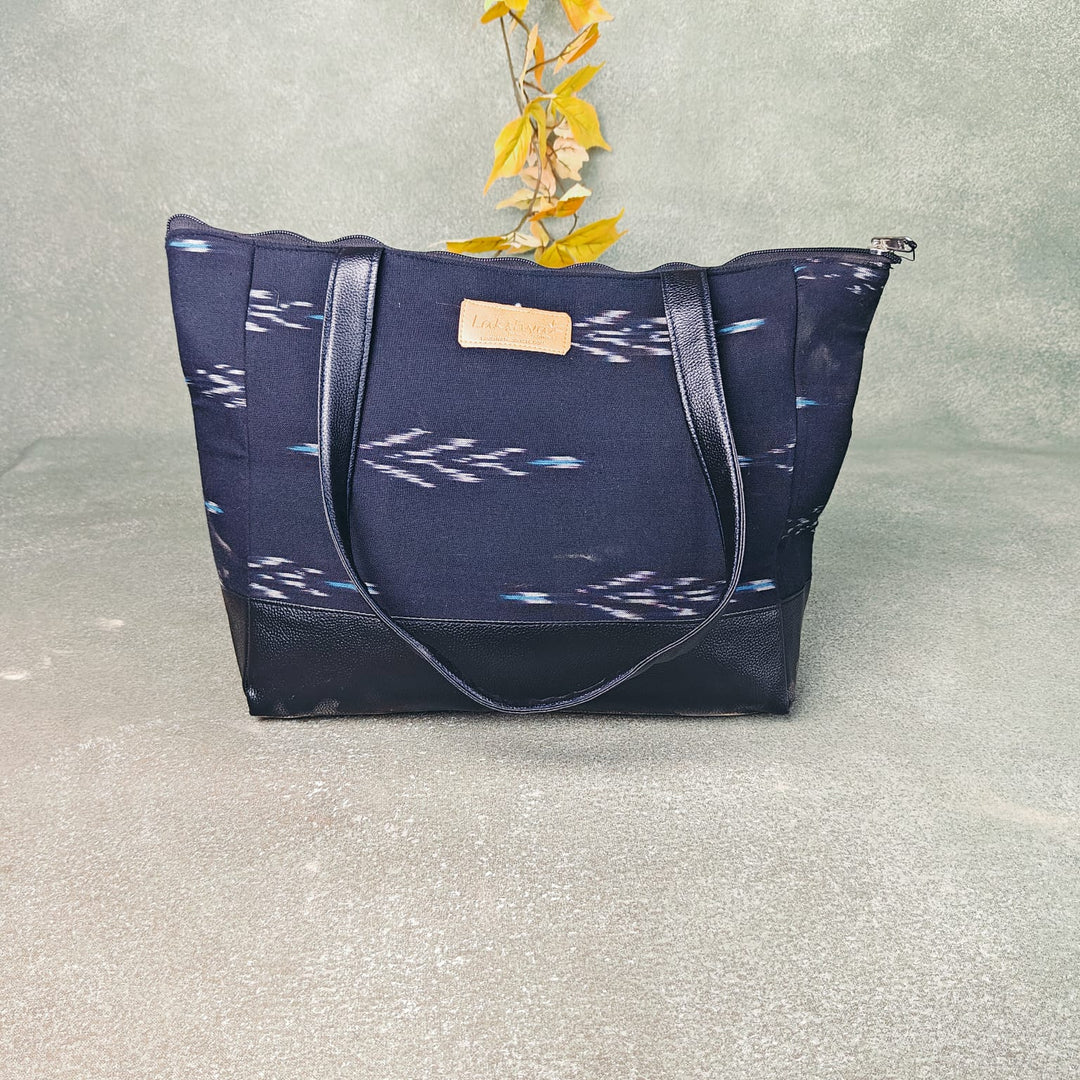 Sarus Crane Series Jumbo Tote Black with White and Blue Horizontal Ditsy Prints Design
