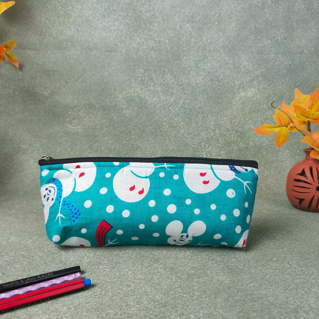 Pencil Pouch Blue With White Cartoon Prints.