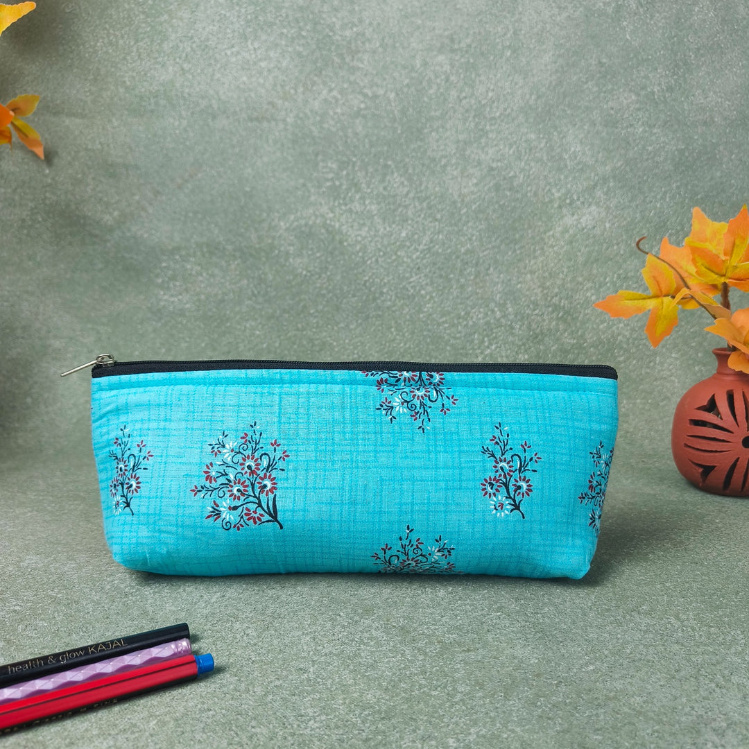 Pencil Pouch Dark Blue Colour with flower Design.