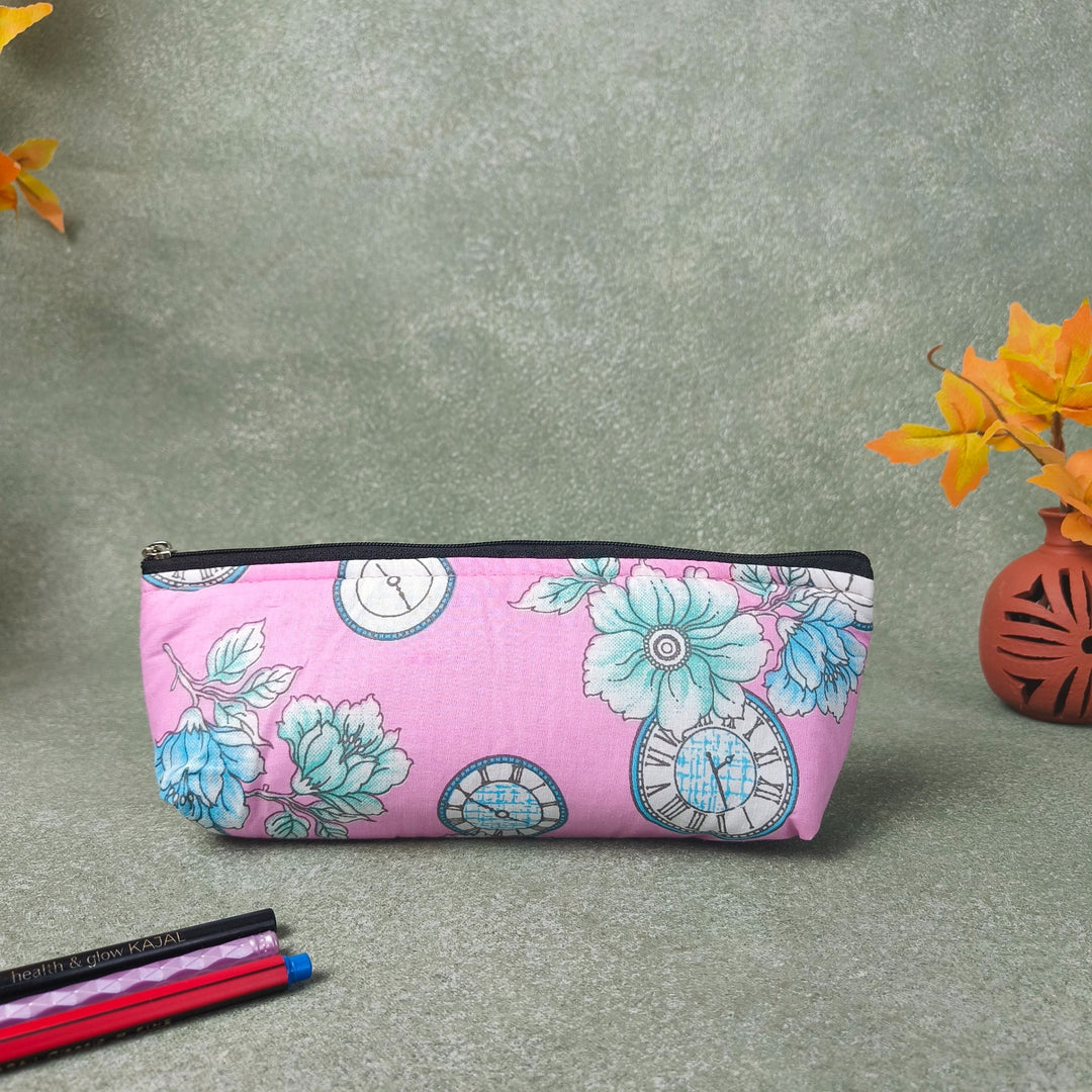 Pencil Pouch Pink Colour with Clock Design.