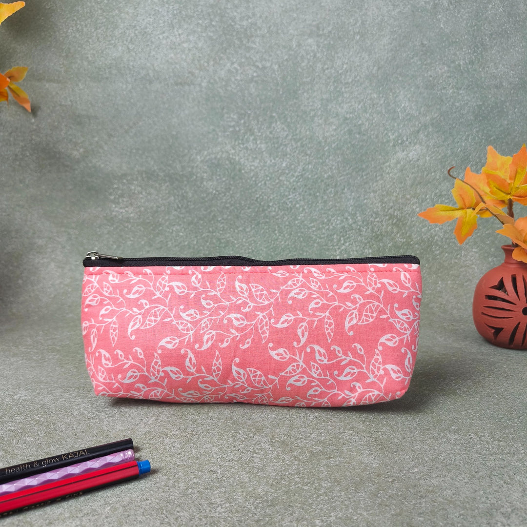 Pencil Pouch Peach Colour With White Leaf Design.