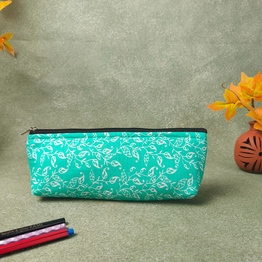 Pencil Pouch Light Green Colour With White Small Leaf Design.