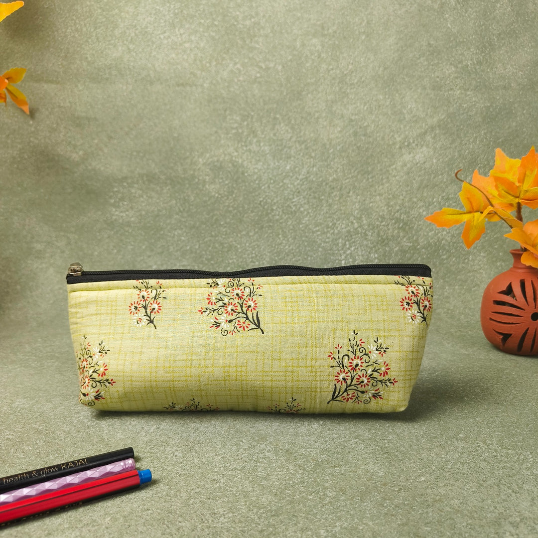 Pencil Pouch Yellow Colour with Big Flower Design.