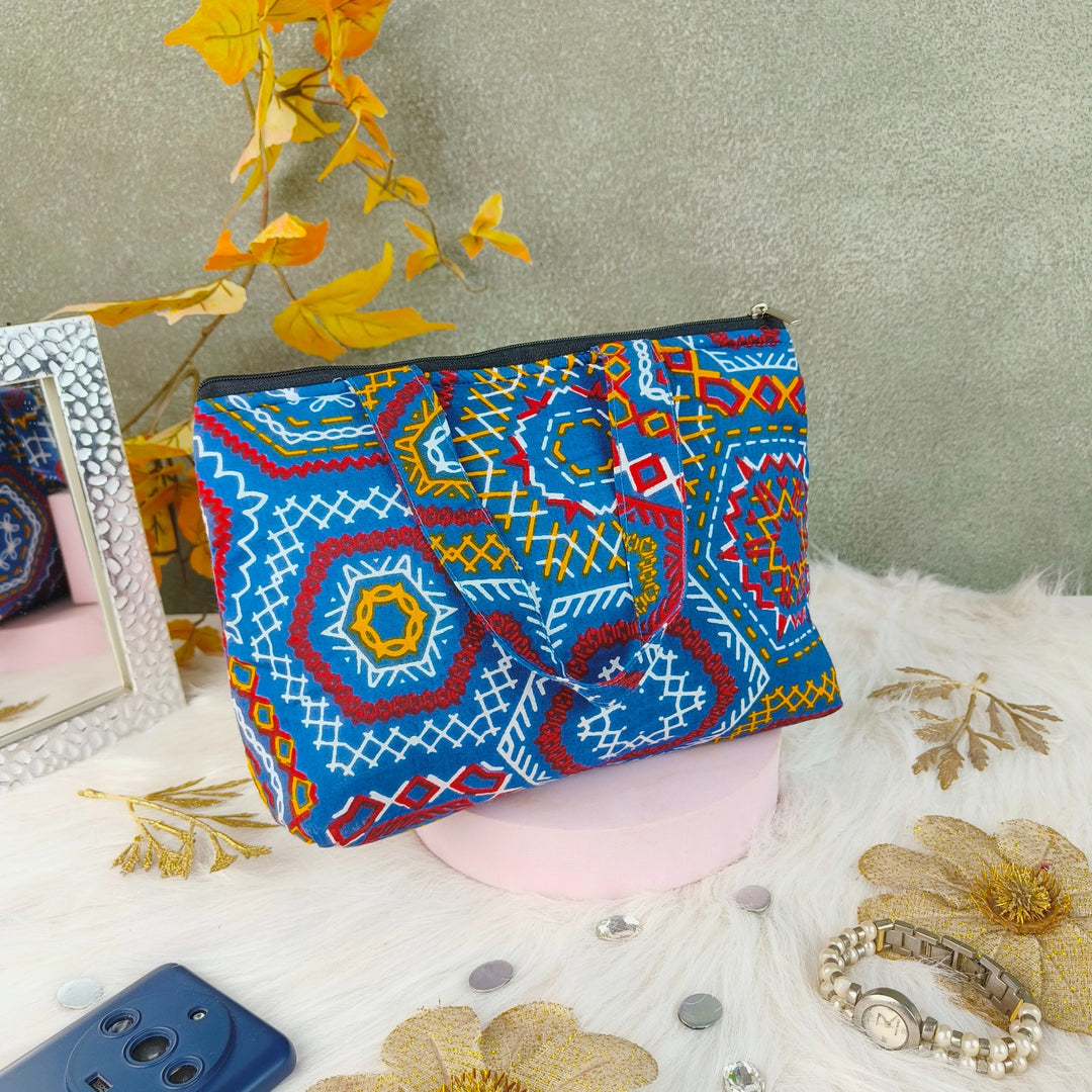 Bristlefront everyday handy bag Blue with Multicolor Pentagonal Prints Design