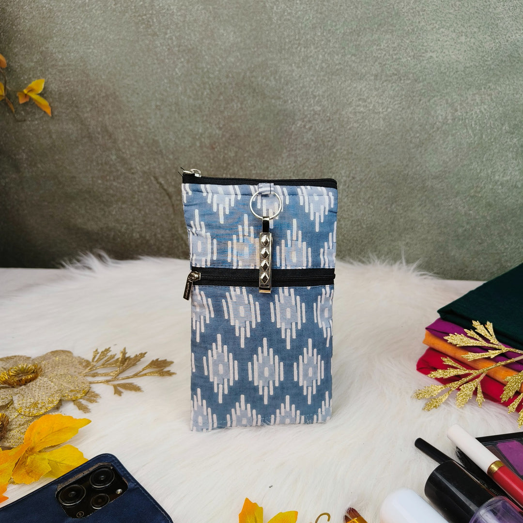 Saree Clip Mobile Pouch Grey with White Graphic Ditsy Prints