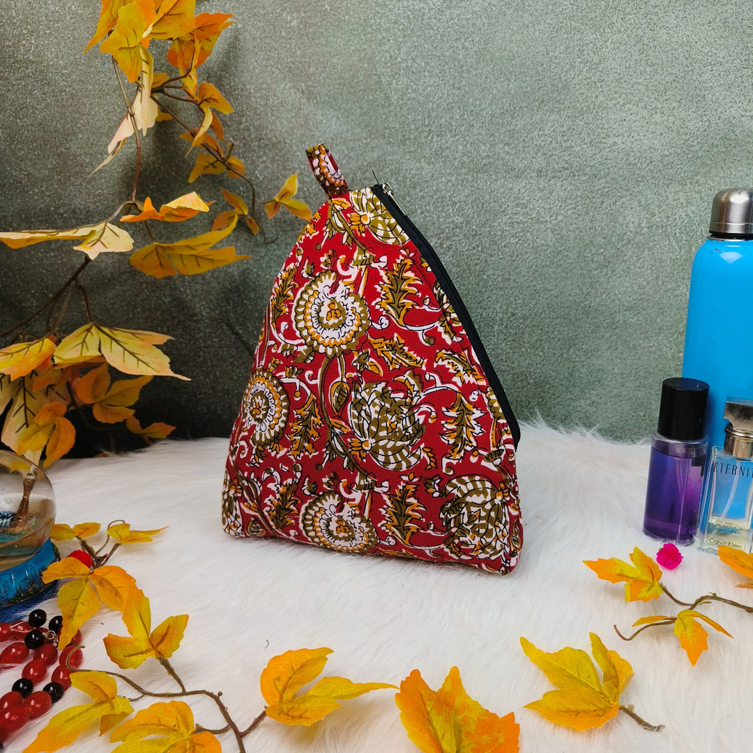 Weavers Nest Pouch Large Red with Yellow Botanical Floral Prints Design
