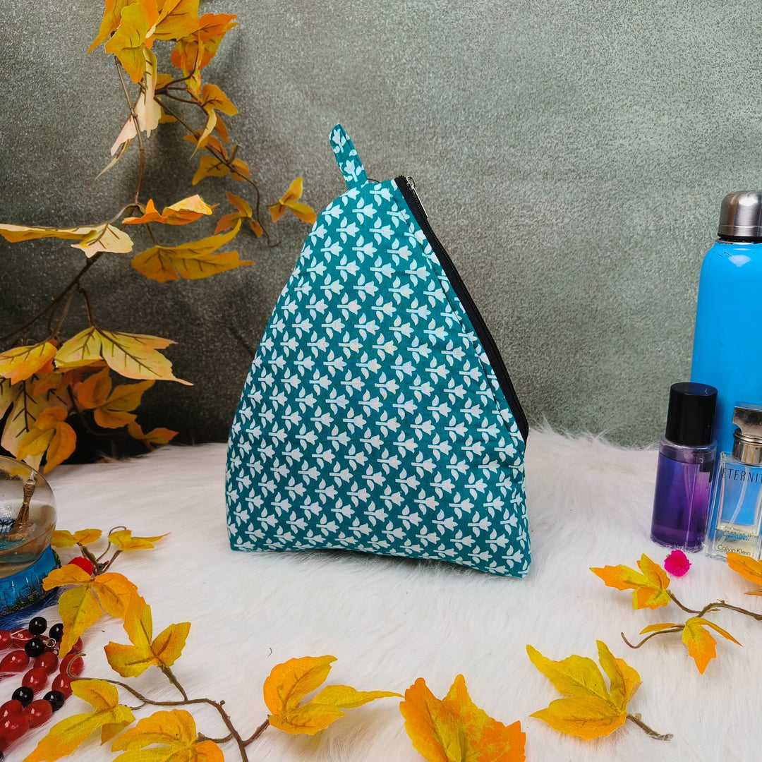 Weavers Nest Pouch - Large teal Blue with White Small Floral prints.