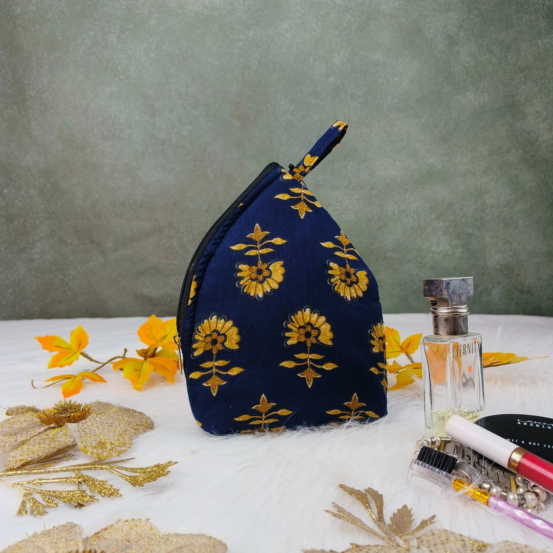 Weavers Nest Pouch Small Dark Blue with Yellow Floral Prints Design