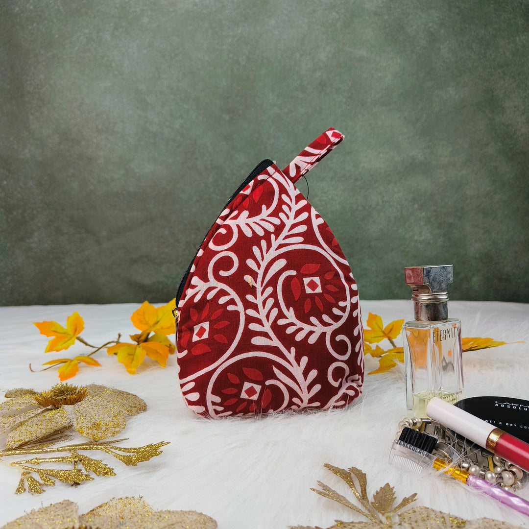 Weavers Nest Pouch Small Dark Red with White Floral Botanical Graphic Prints Design