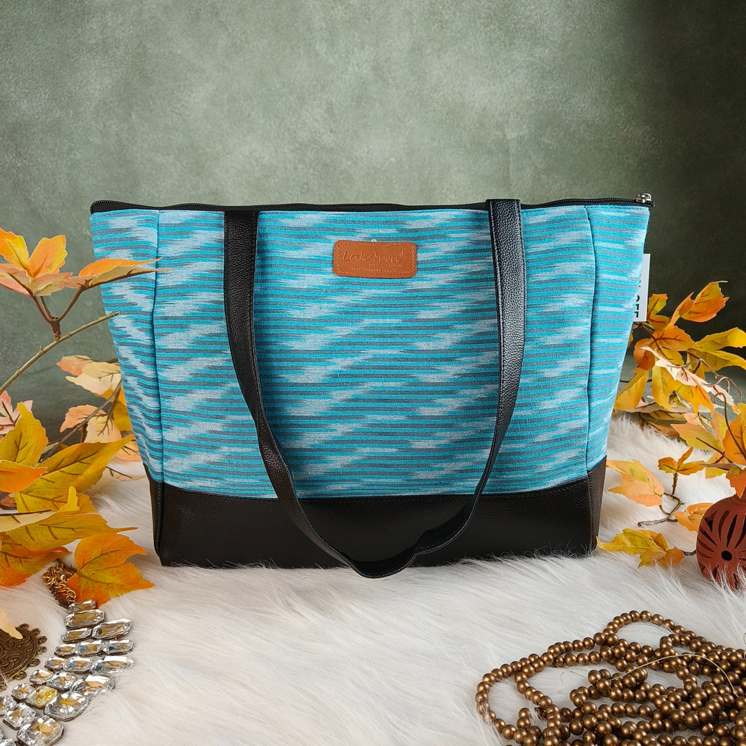 Sarus Crane Series Jumbo Tote Sky Blue with white Horizontal Composite Fret Prints