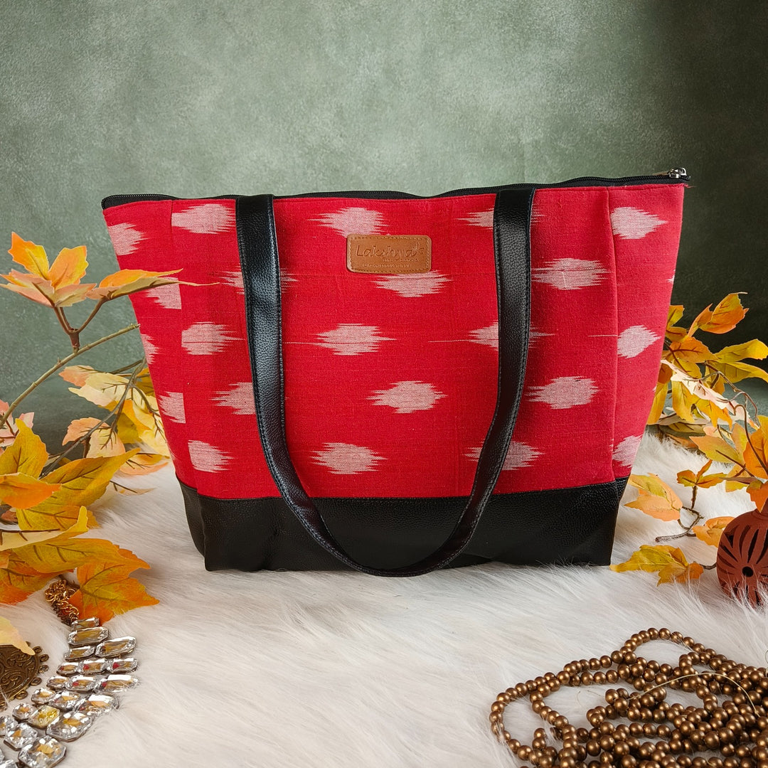 Sarus Crane Series Jumbo Tote cherry Red with Horizontal Big Polka Dots Pattern