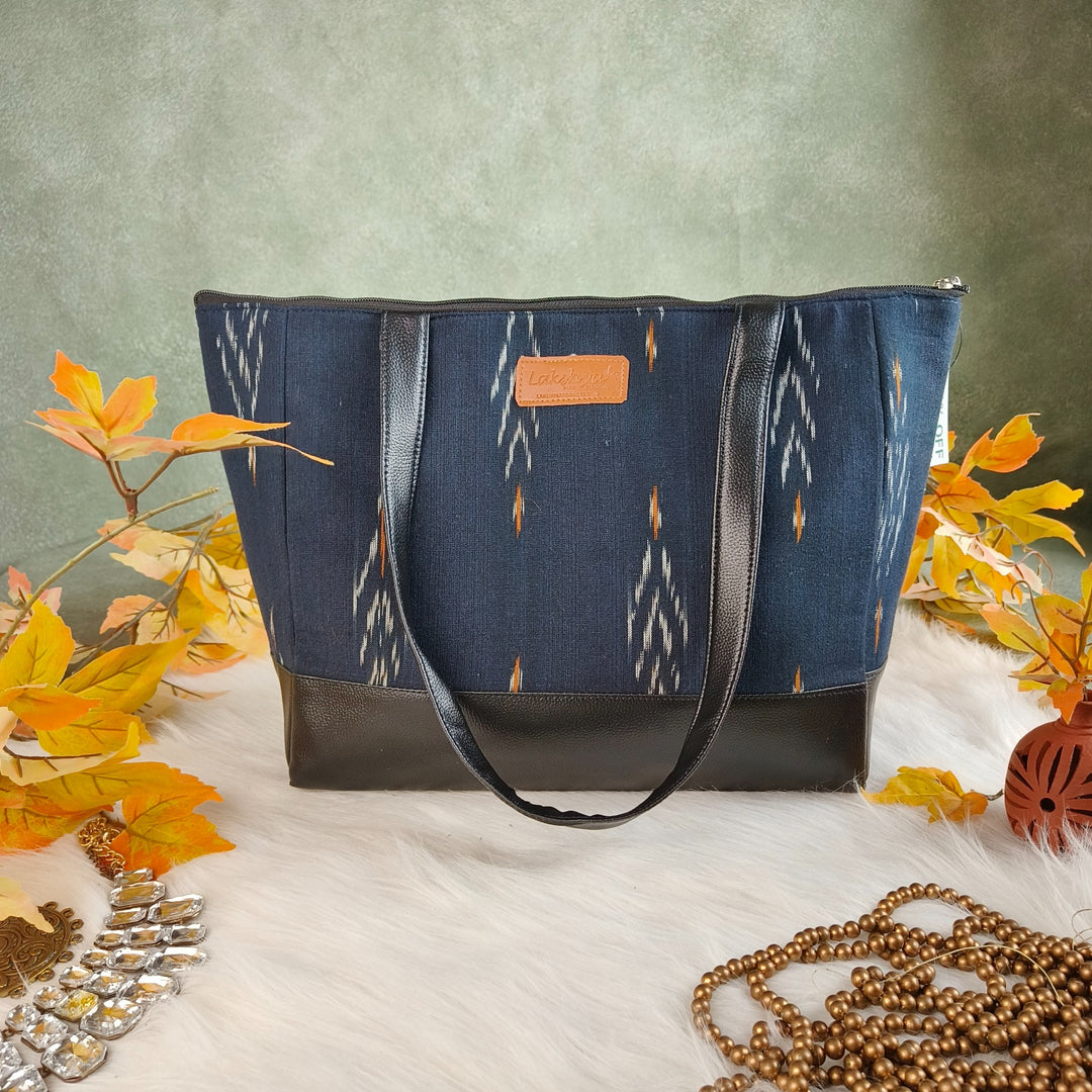 Sarus Crane Series Jumbo Tote Dark Blue with White and orange Orgee Prints Design