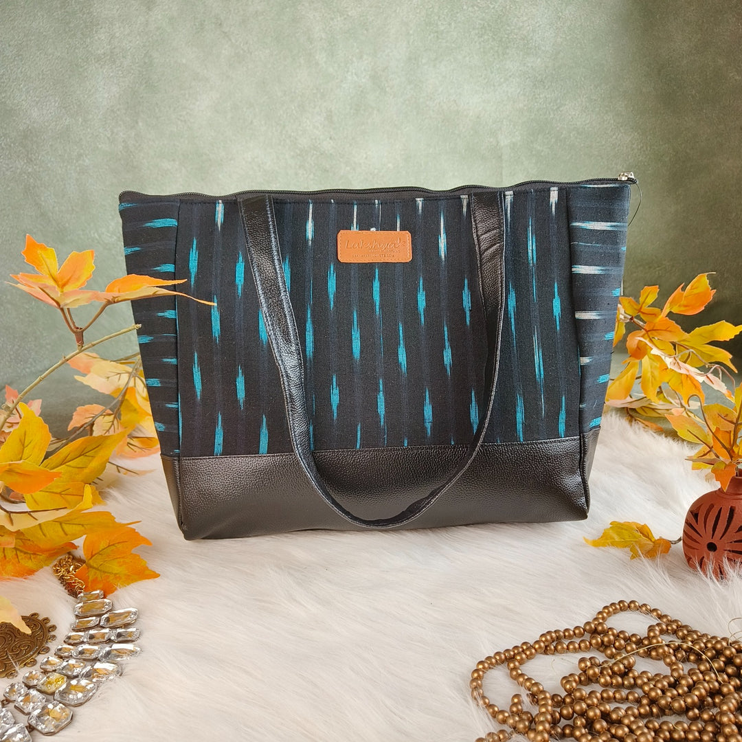 Sarus Crane Series Jumbo Tote Black with Blue and White Vertical Fret Ditsy Prints