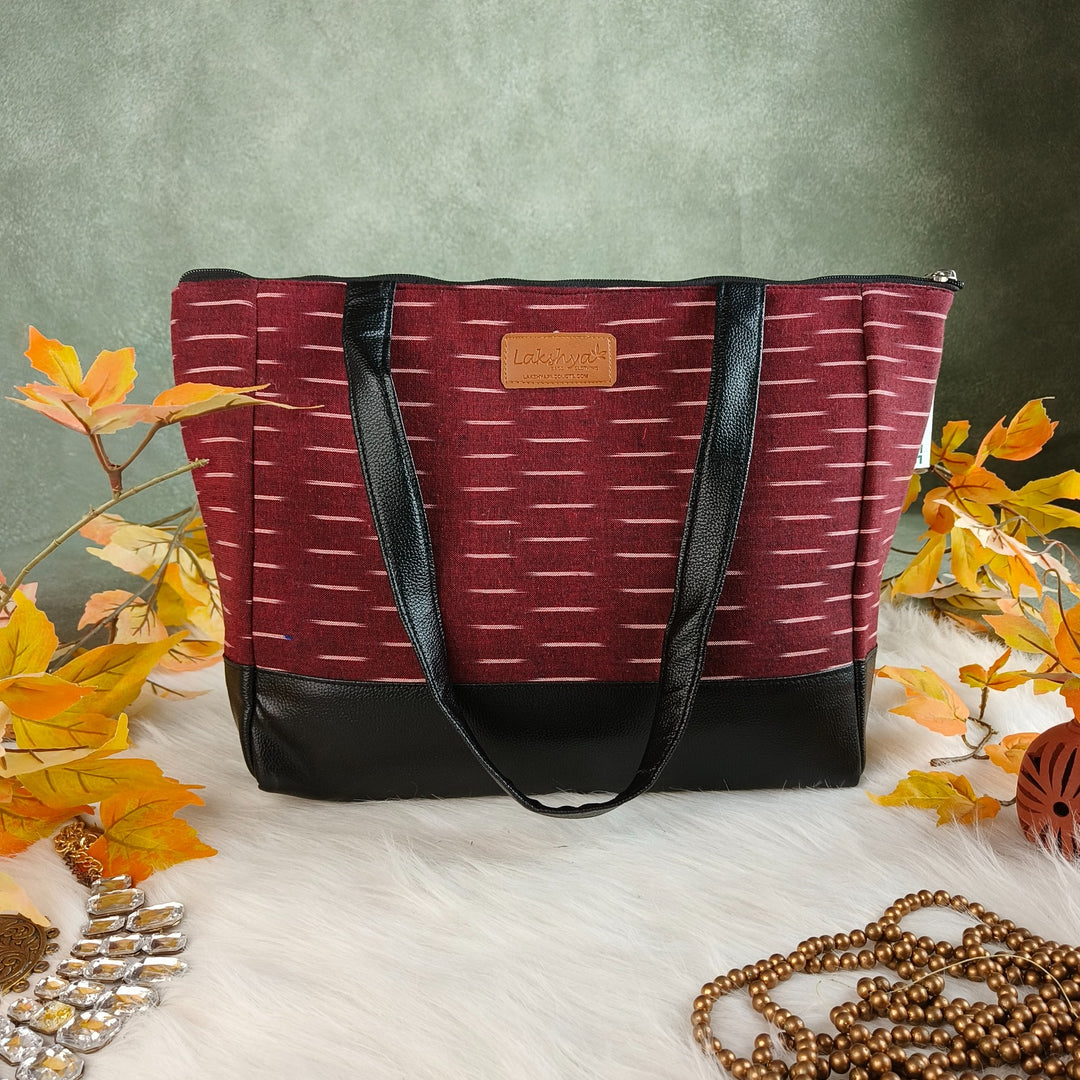 Sarus Crane Series Jumbo Tote Maroon with White Horizontal Fret Patterns