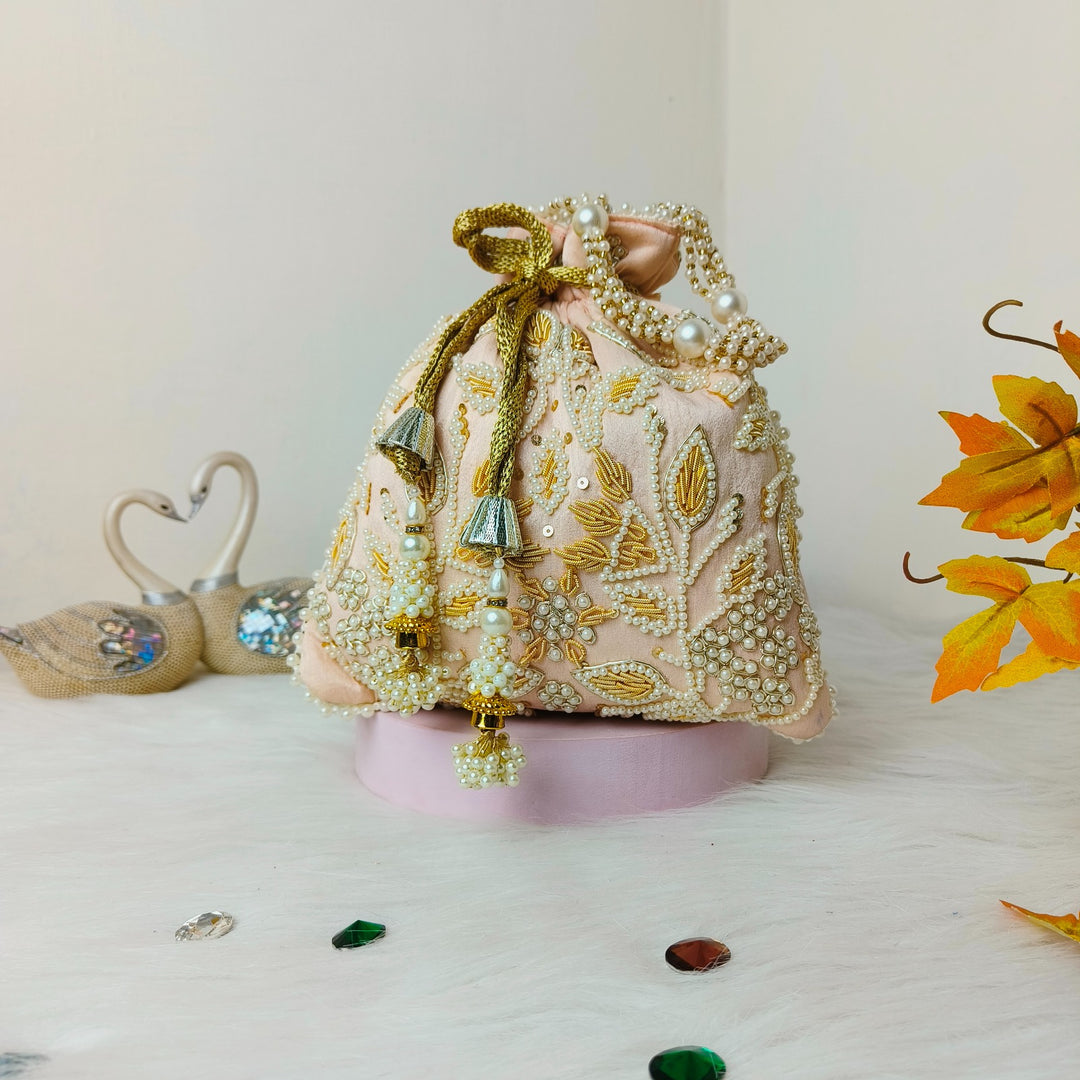Bead Potli Peach Floral Prints