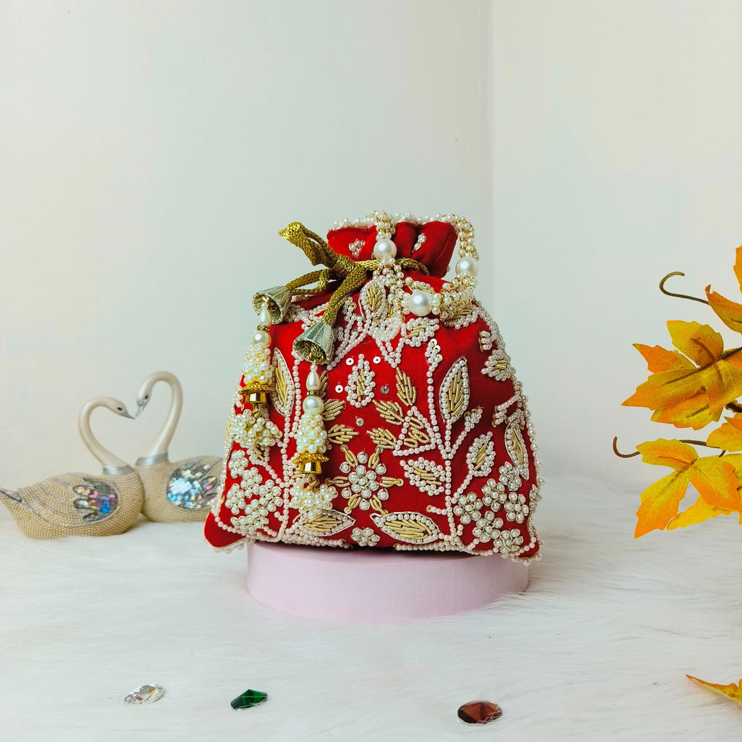 Bead Potli Red Botanical Prints