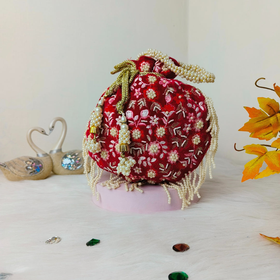 Bead Potli Red Pot Shaped Floral Prints