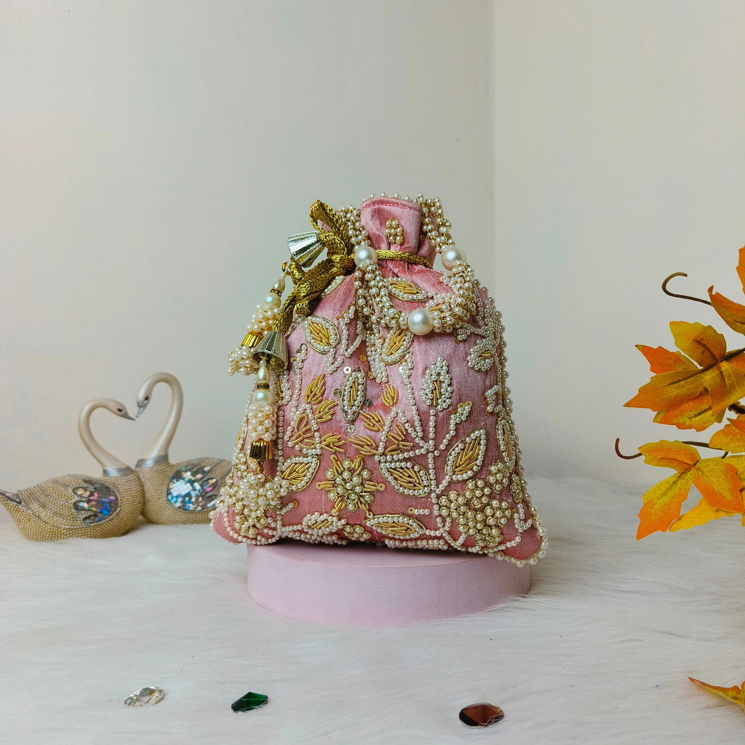 Bead Potli Pink with Botanical Prints