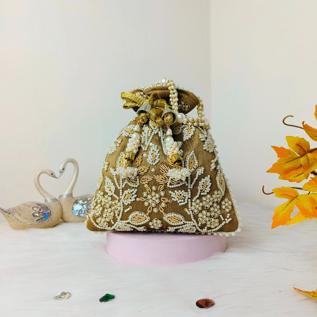 Bead Potli Baggy Green with Floral Prints