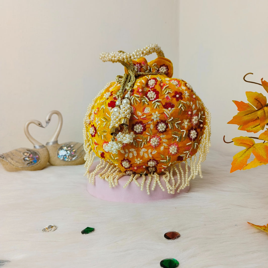 Bead Potli Yellow Pot Shaped with Botanical Prints