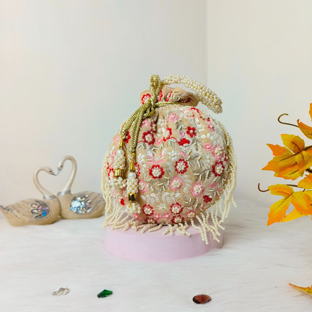 Bead Potli Pink Pot Shaped with Floral Prints