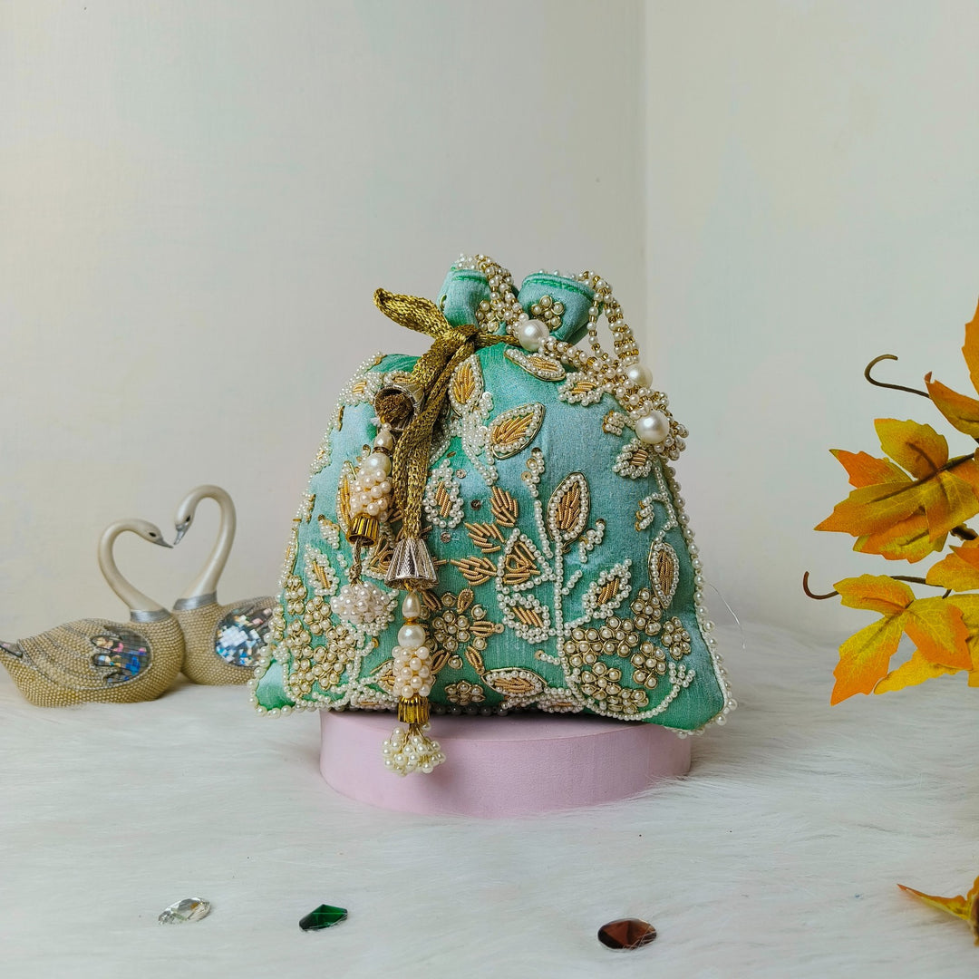 Bead Potli Light Green with Floral Prints