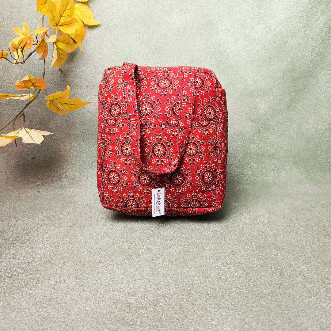 Water Proof Cotton Lunch Bag Maroon with Flower Design