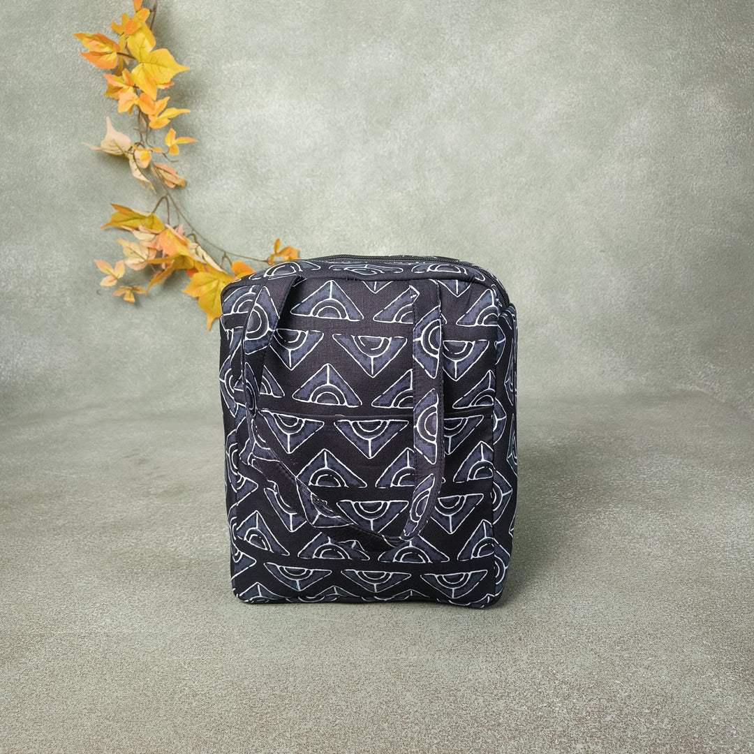 Water Proof Cotton Lunch Bag Black with Grey Graphic Prints Design