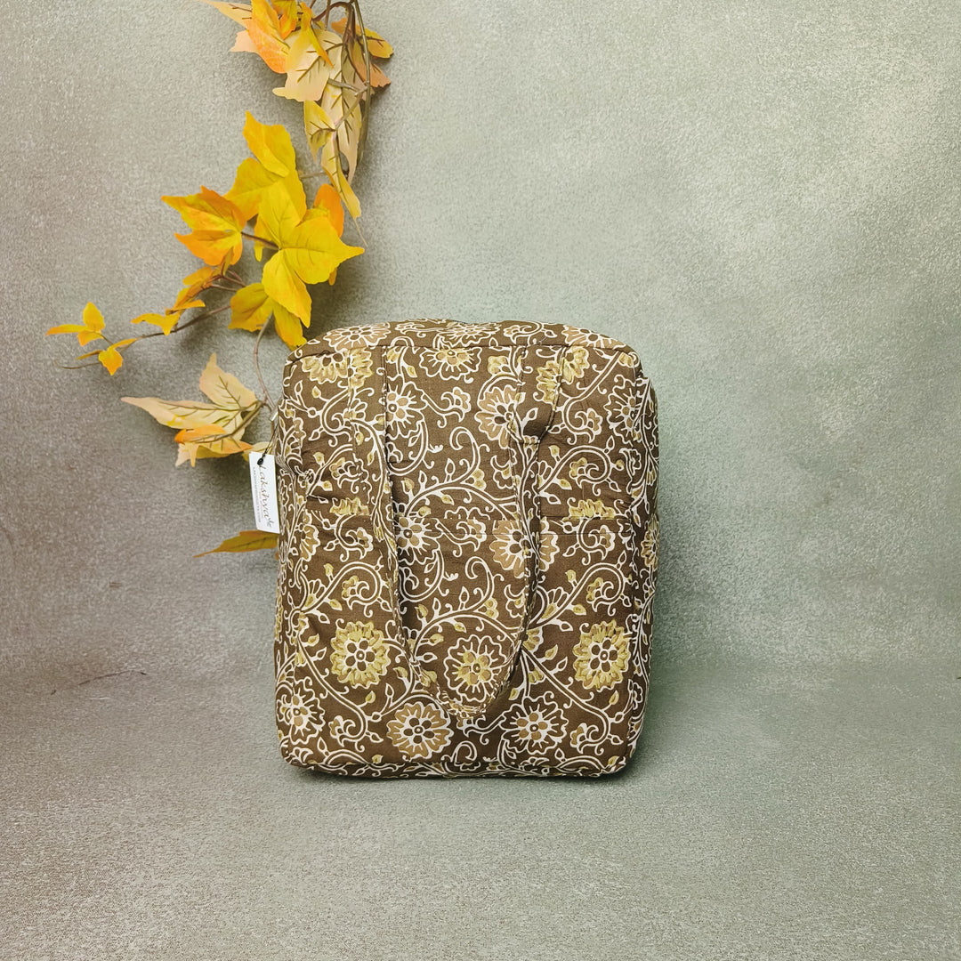 Water Proof Cotton Lunch Bag Mocha Brown with White Flower Design.