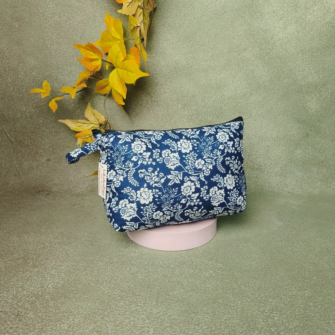 Boat purse Blue with White Flower Design.