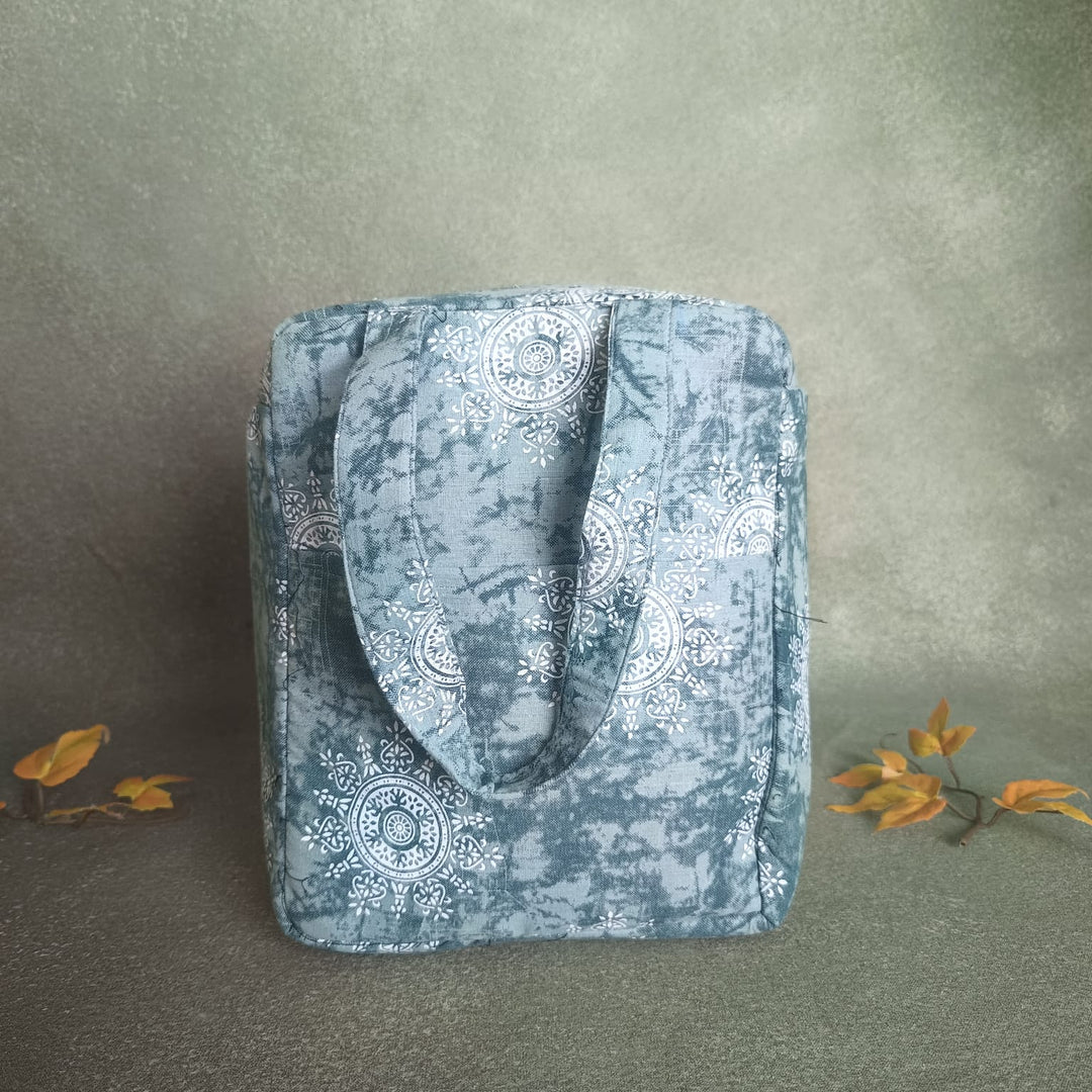 Water Proof Cotton Lunch Bag Grey With White Flower Design.