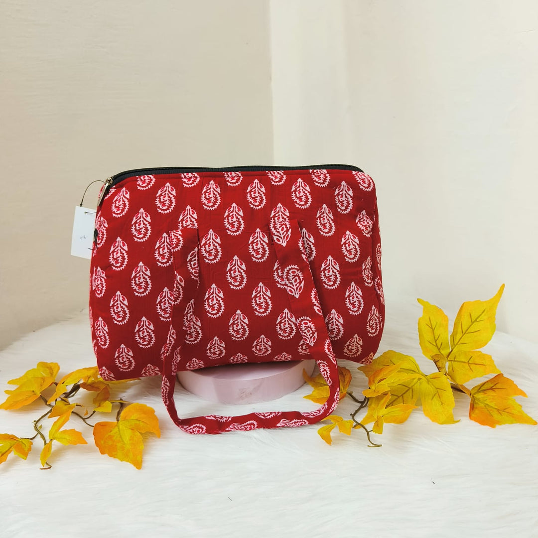 Barrel Handbags Dark Red Colour with Floral Design