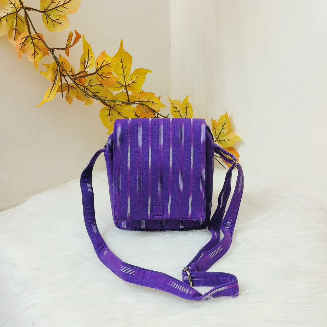 Sarus Crane Ikat Slings with front Flap Violet Colour with Line Prints.