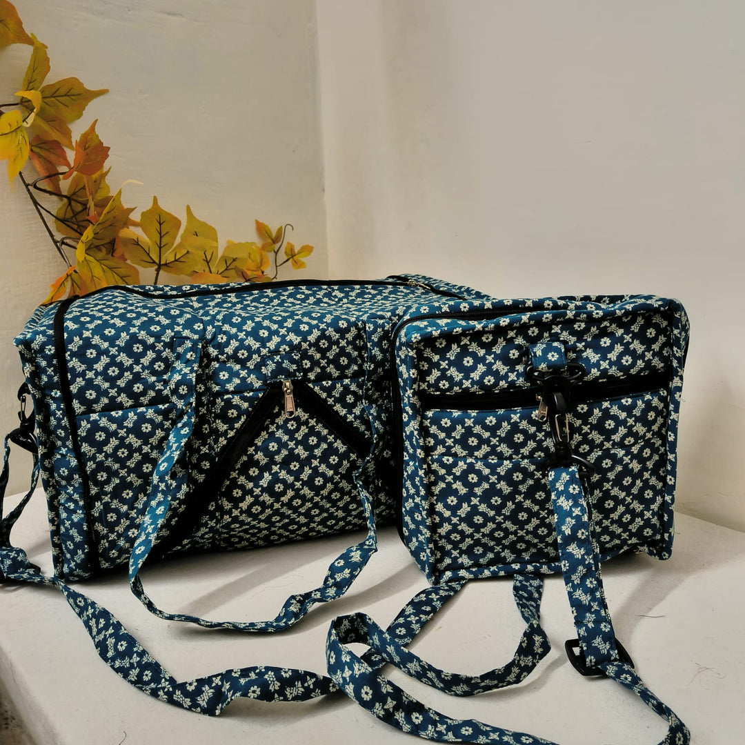Expandable Travel Bag Teal Blue with White Arabesque Prints.