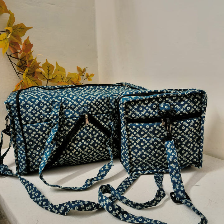 Expandable Travel Bag Teal Blue with White Arabesque Prints.