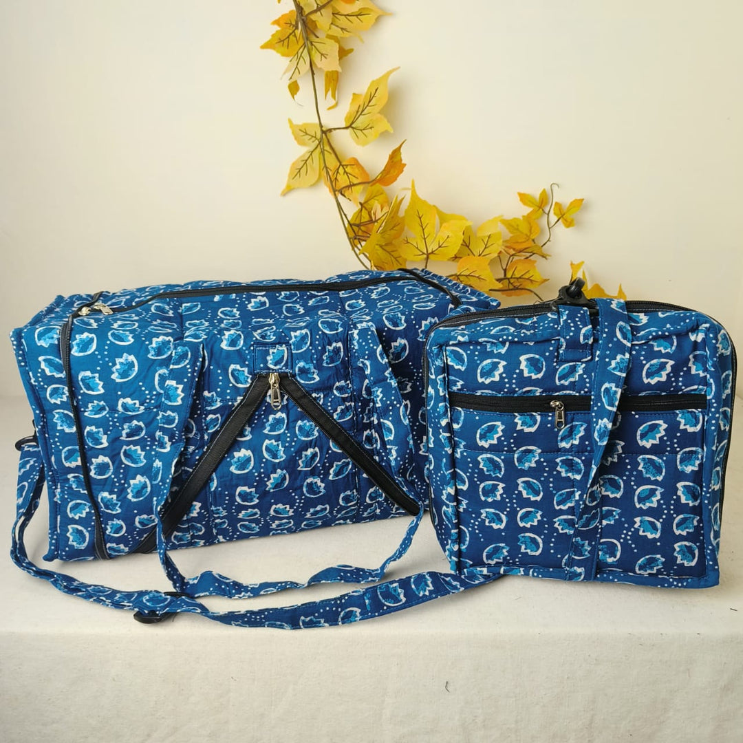 Expandable Travel Bag Blue Colour Small Leaf Design.