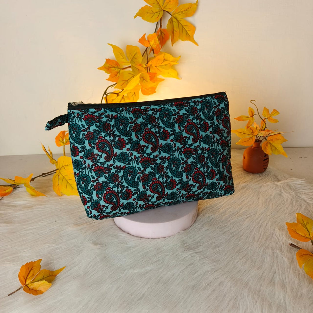 Jumbo Makeup pouch Teal Blue With Red Mango Design.