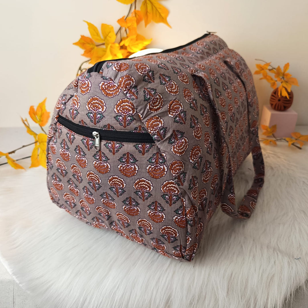 Weekender Travel Bag Grey with Brown Flower Design.