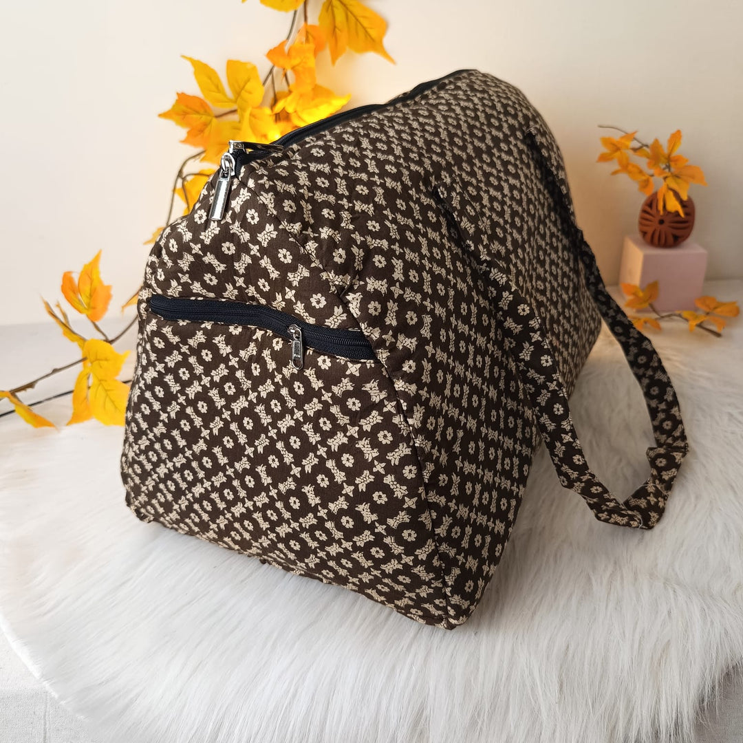 Weekender Travel Bag Brown With White Prints.