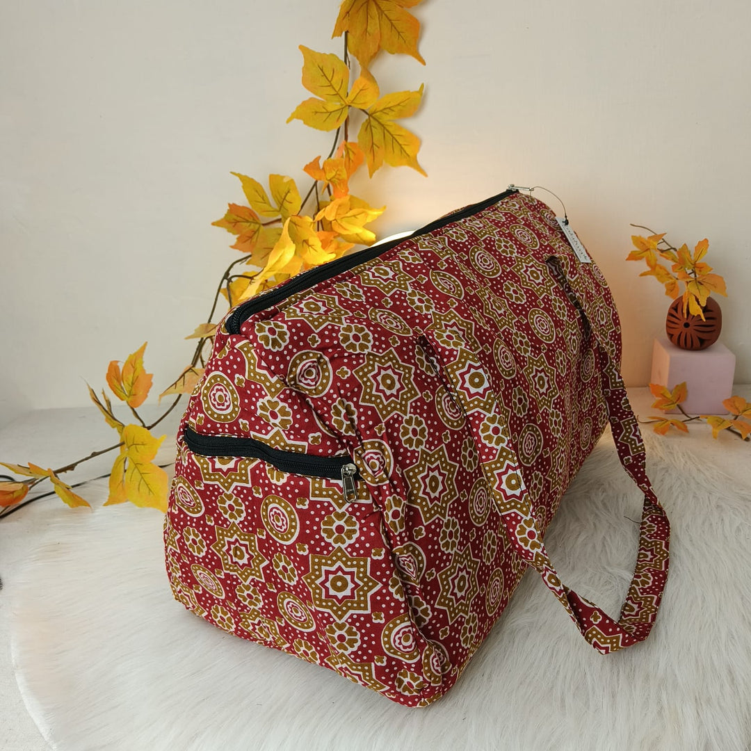Weekender Travel Bag Maroon with Mustered Floral Design.