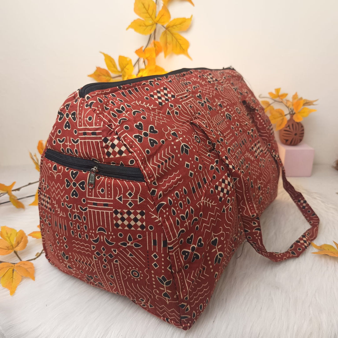 Weekender Travel Bag Red With Black Geometric Design.